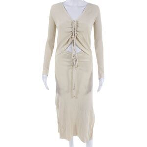 Nicolas Women Sweater Dress Beige V-Neck Striped Long Sleeve Drawstring Size XS